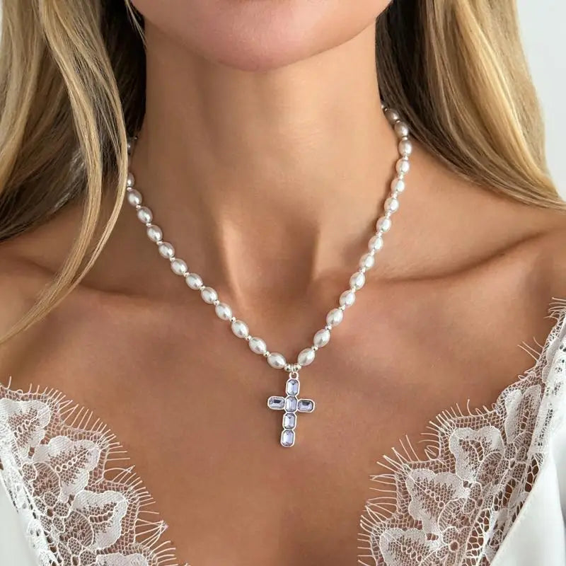 Diamond Cross Pendant Necklace – Faux Pearl Choker for Women