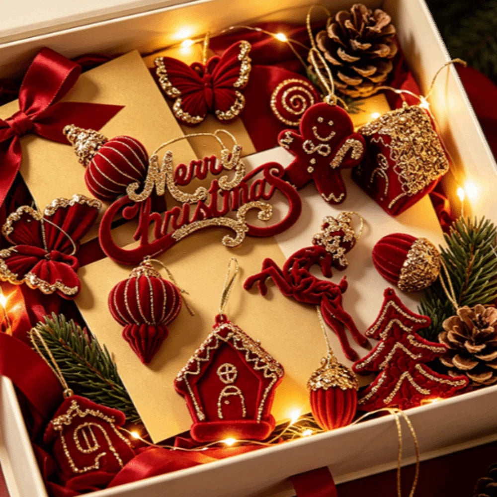 Red Flocked Velvet Christmas Ornaments with Glitter Trim