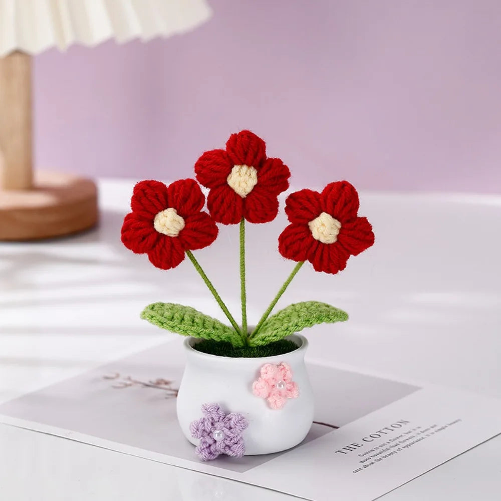 Mini Handmade Crochet Flower Pot – Sunflower & Tulip Décor