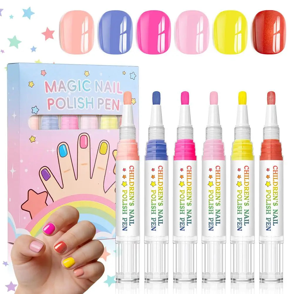 Kids Nail Polish Pen Set – 6 Colors Peel-Off DIY Nail Art