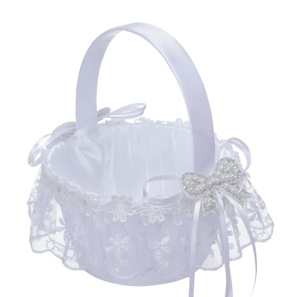 White Satin Flower Girl Basket – 4 Styles | Pearl & Lace