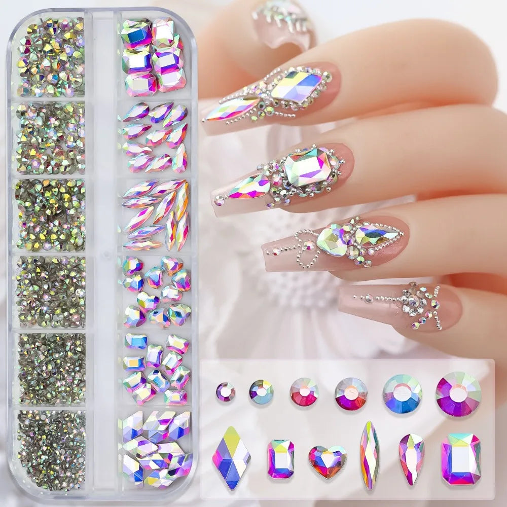 12-Grid 3D Nail Art Rhinestones – Mixed Flatback Gems & Charms