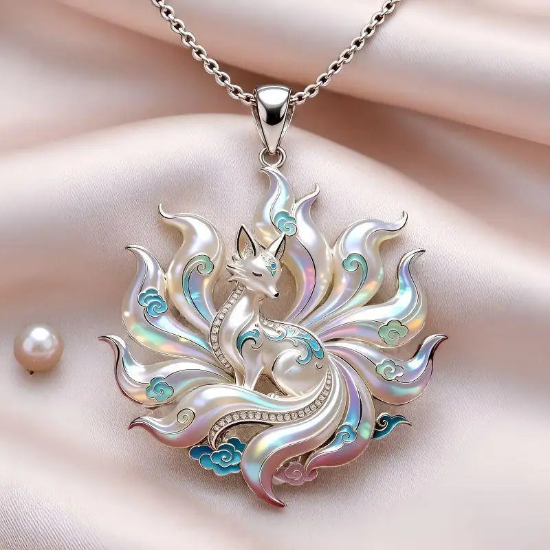 Nine-Tailed Fox Enamel Pendant Necklace | Chinese Mythology