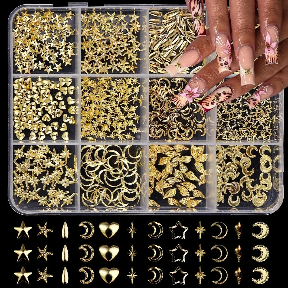 3D Ocean Metal Nail Art Studs – 12 Shapes Gold & Silver Charms