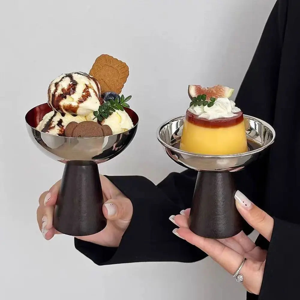 Stainless Steel Ice Cream Cup with Wooden Base | Dessert Bowl