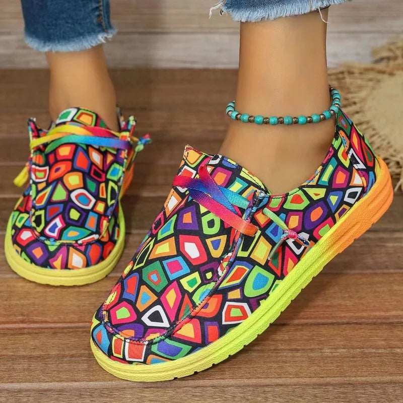 Women's Rainbow Canvas Flat Sneakers – Lace-Up Casual Shoes