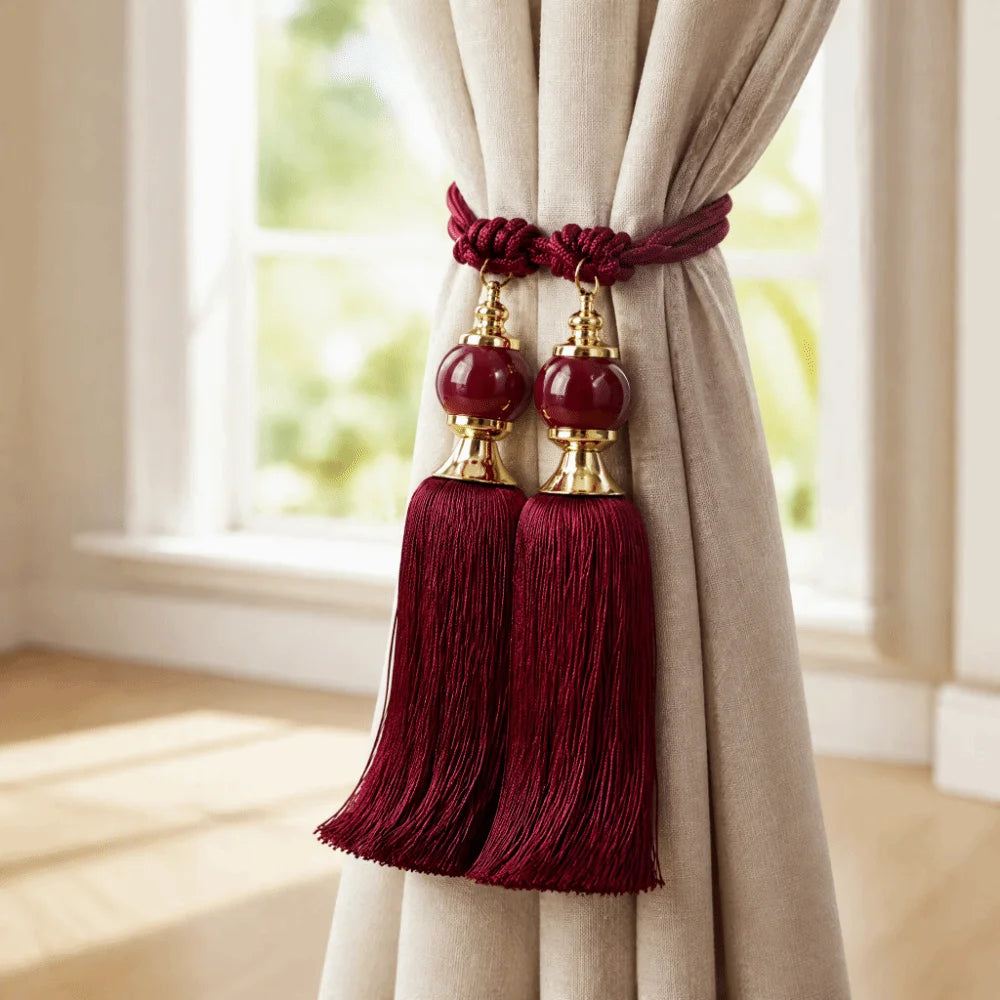 Tassel Fringe Curtain Tiebacks with Jade Pendant – Set of 2