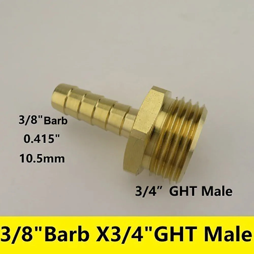 Brass Barb Fitting 3/8"–3/4" x 3/4" GHT Garden Hose Adapter