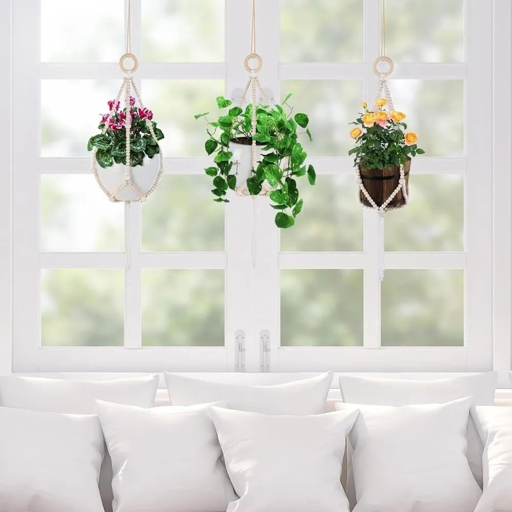 Boho Macrame Plant Hanger – Wood Beads & Cotton Rope
