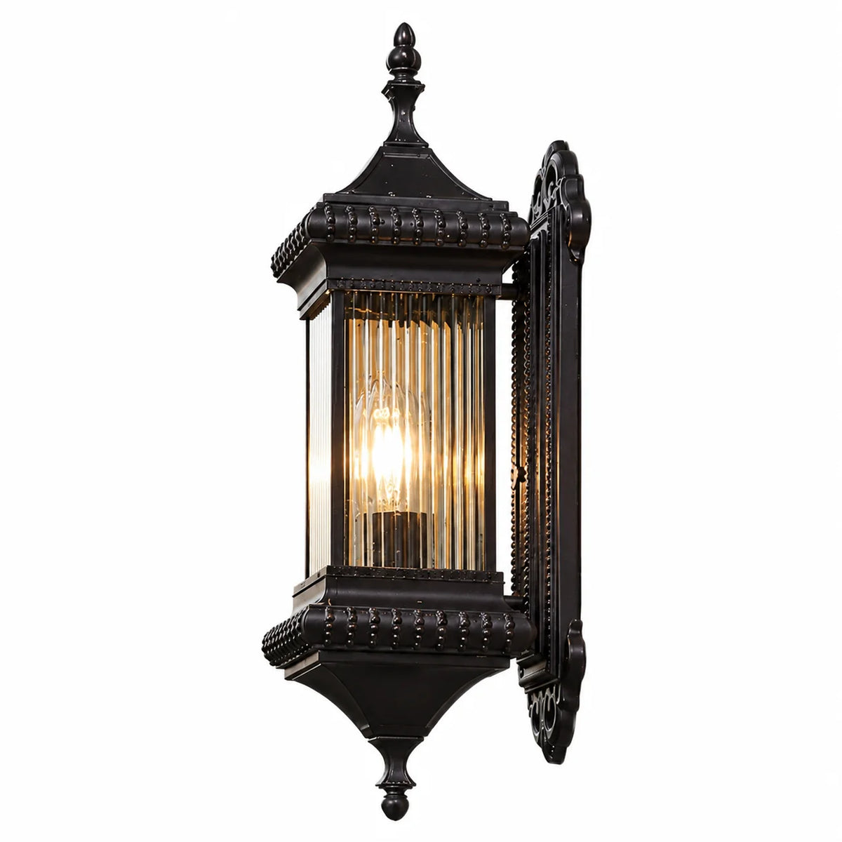 Vintage Lantern Outdoor Wall Light – Black Ribbed Glass Sconce E27