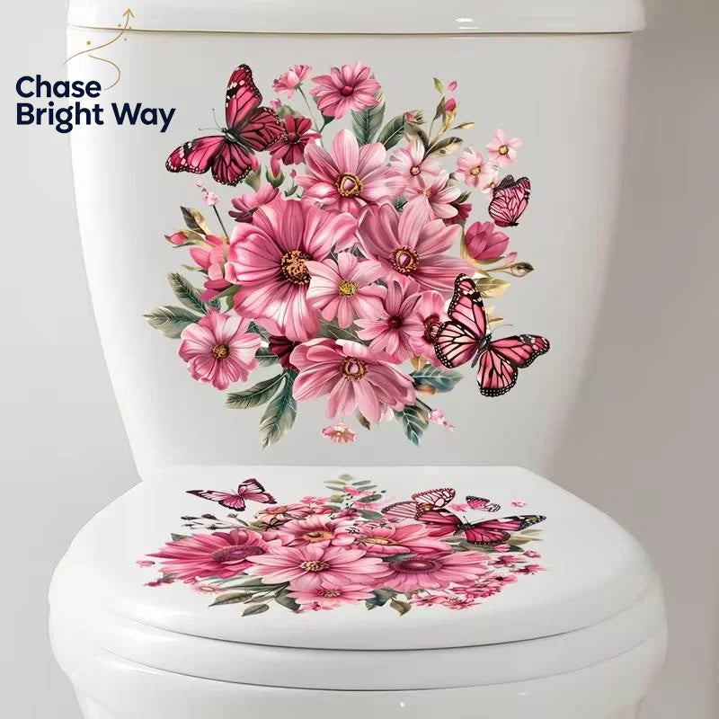 Floral Toilet Lid & Bathroom Wall Sticker – Waterproof PVC