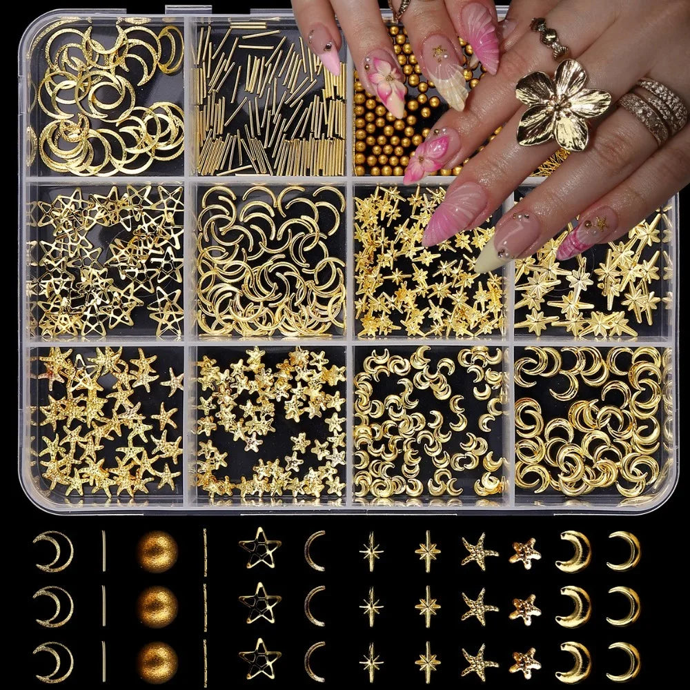 3D Ocean Metal Nail Art Studs – 12 Shapes Gold & Silver Charms