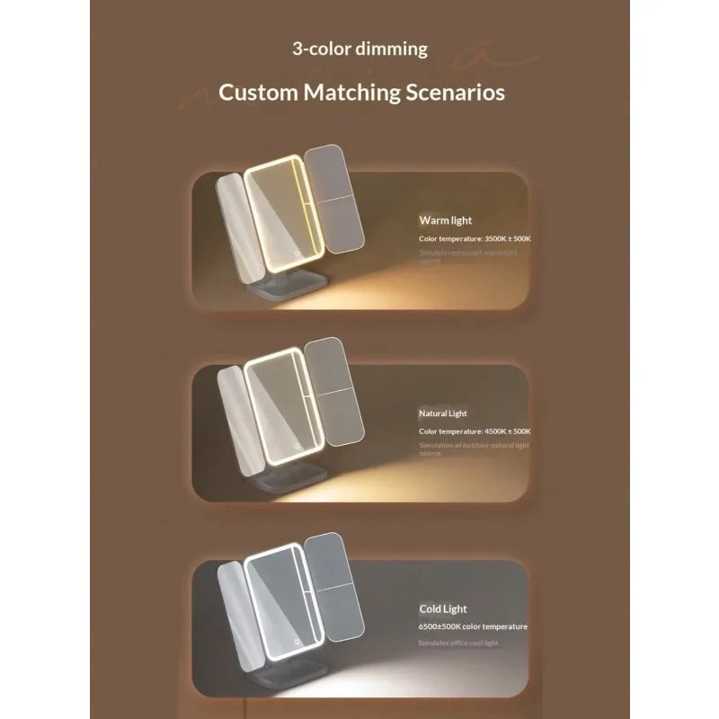 Trifold LED Makeup Mirror – Dimmable 3X/2X/1X Vanity Light
