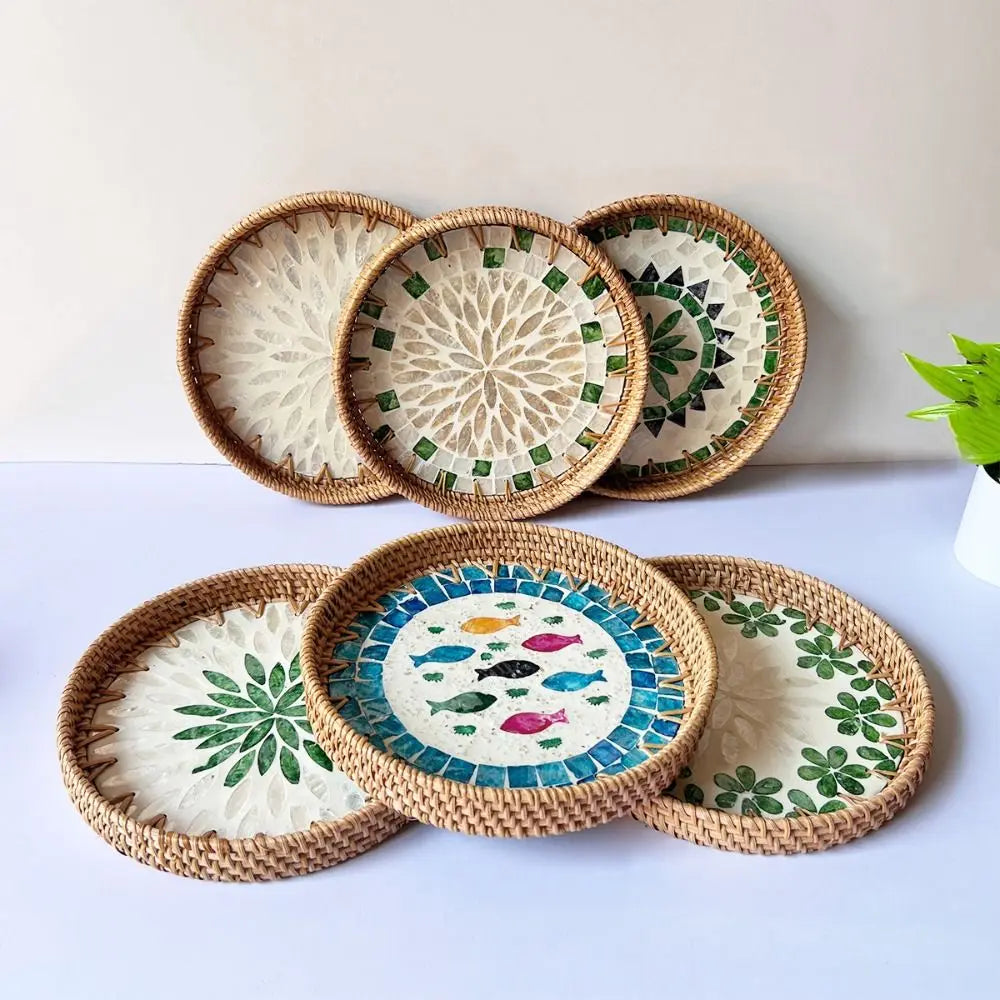 Shell Mosaic Round Woven Rattan Tray | Boho Home Decor