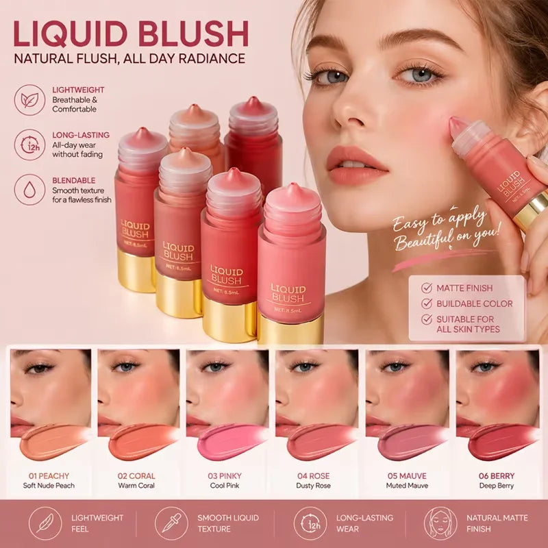 6-Color Liquid Blush Set – Matte Cheek Tint, Long-Lasting