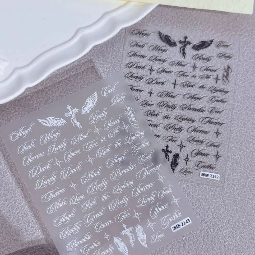 Y2K Wing & Letter Nail Art Stickers – Black & White Decals