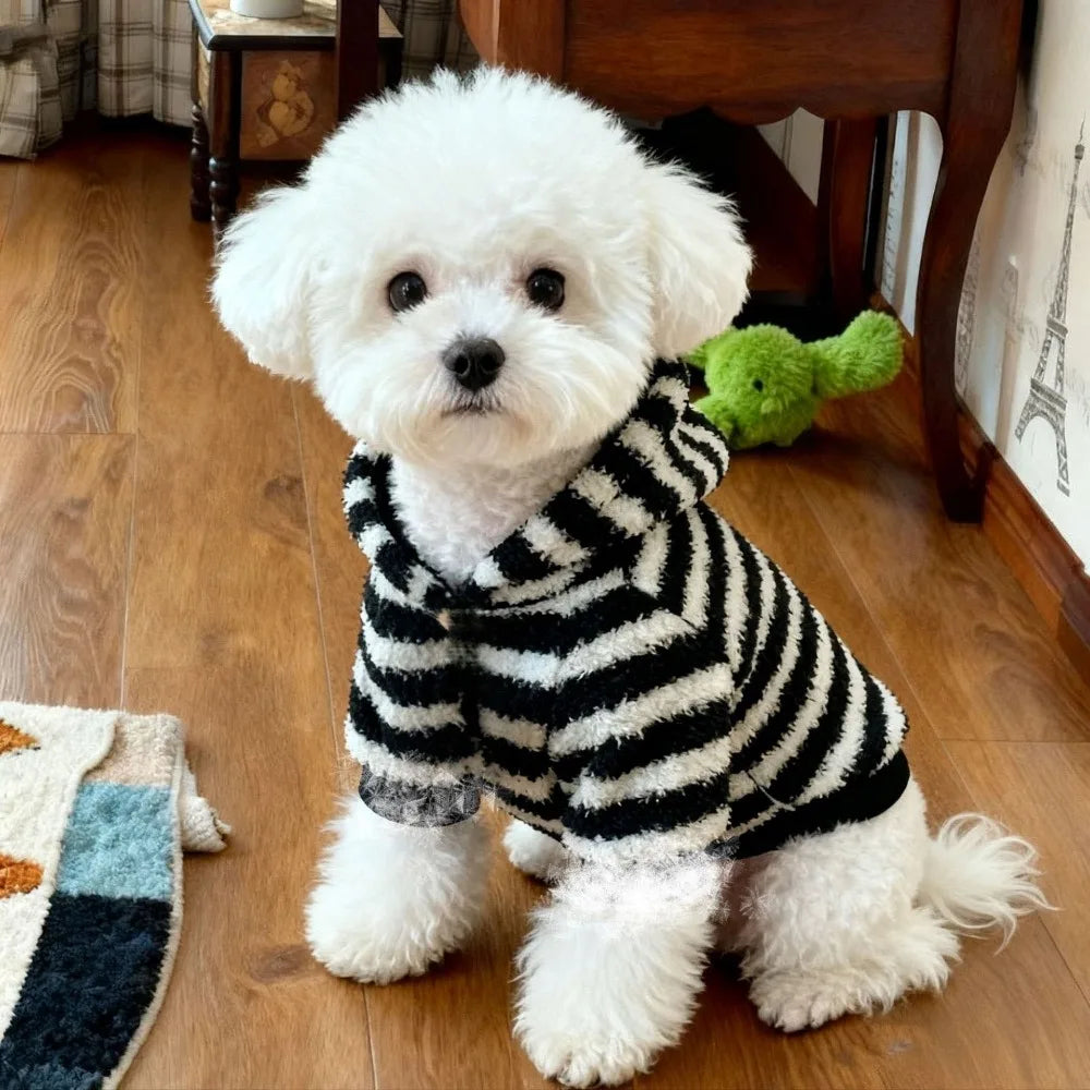 Fleece Dog Sweatshirt with Hat – Striped Winter Puppy Hoodie