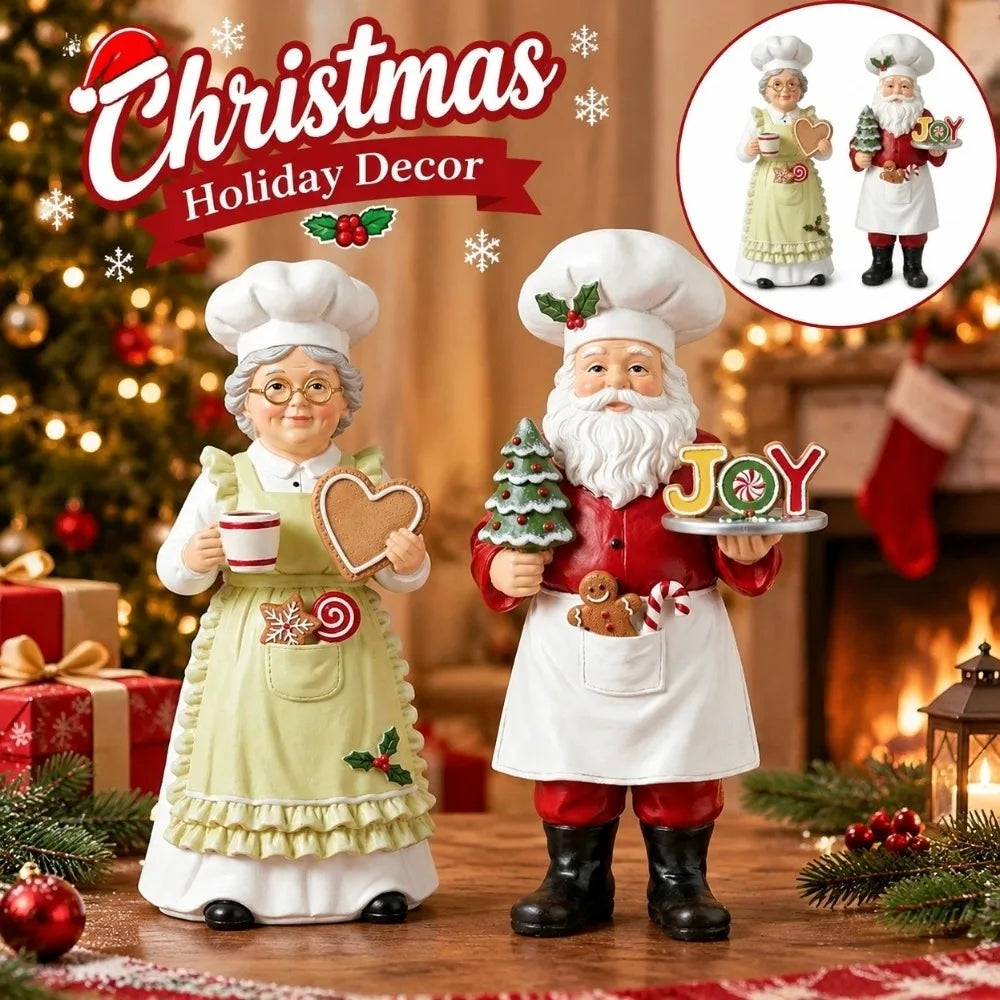 Wooden Chef Santa & Mrs. Claus Figurine Set | Christmas Décor
