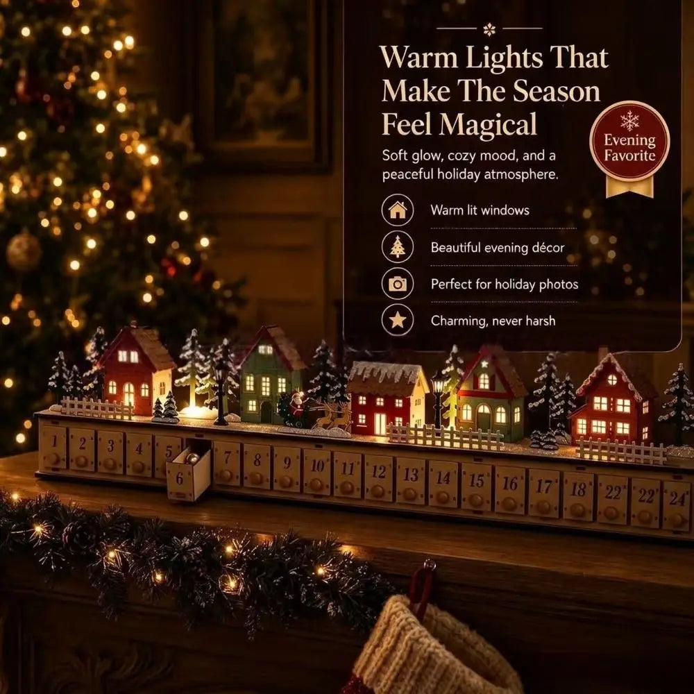 Wooden Christmas Advent Calendar – 24 Drawers & LED Lights