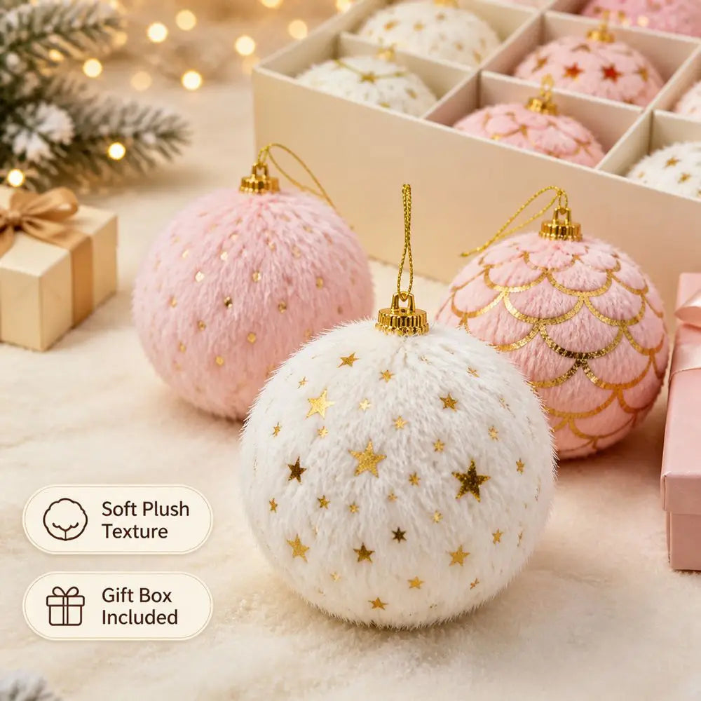 Plush Fabric Christmas Ball Ornaments – 9-Piece Gift Box Set