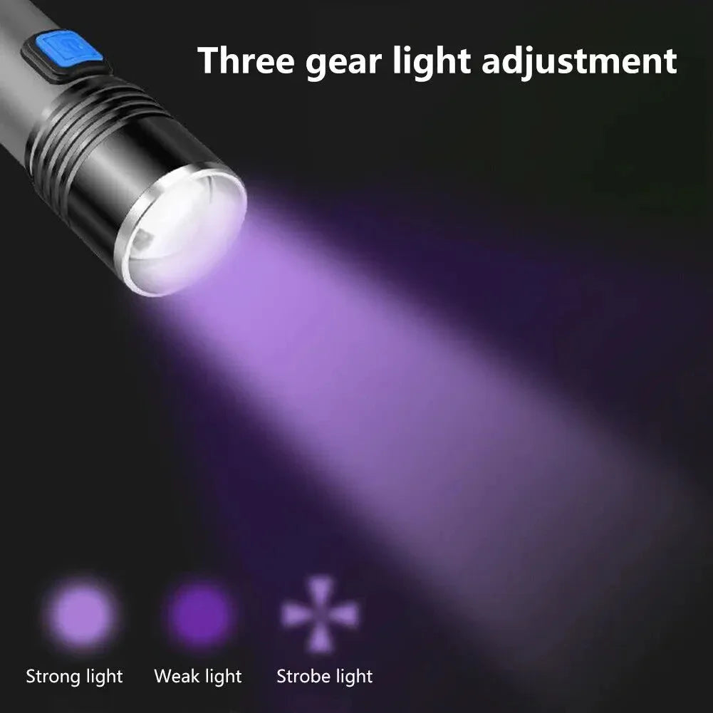 UV Black Light Flashlight 395nm Zoomable USB Rechargeable Torch