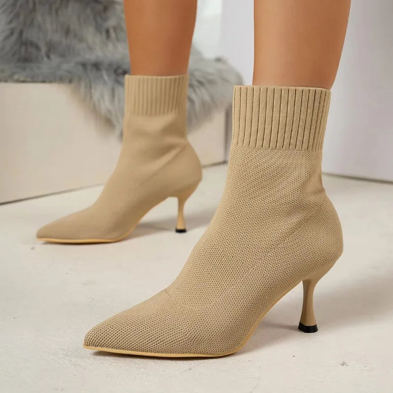 Women's Stretch Chelsea Ankle Boots Pointed Toe High Heel