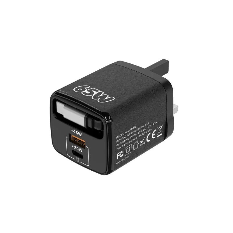 PD 65W Multi-Port Fast Charger with 70cm Extension | EU US UK