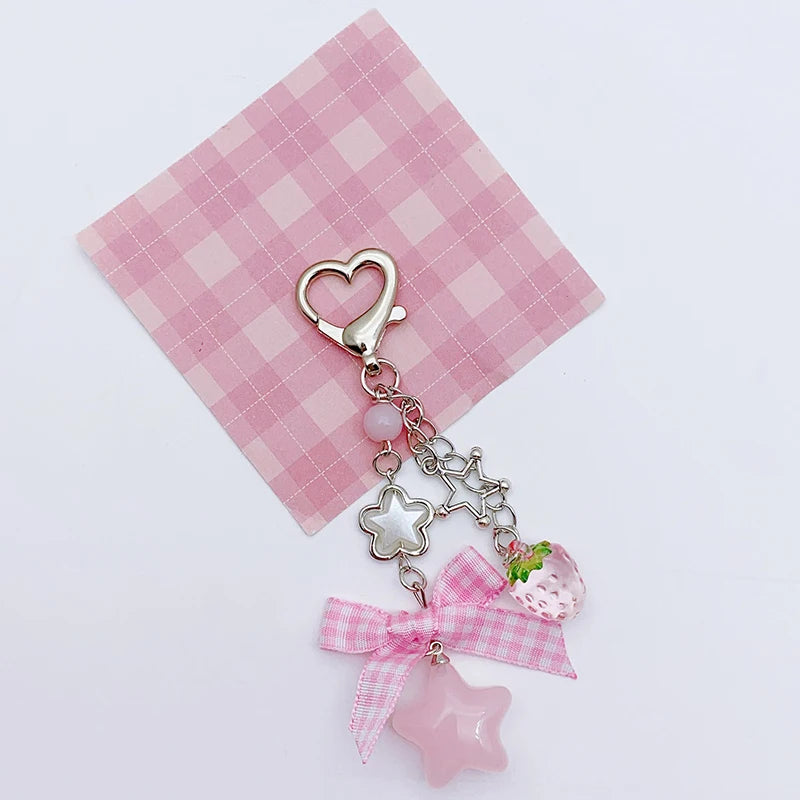 Strawberry Bow Beaded Keychain – Cute Phone & Bag Charm
