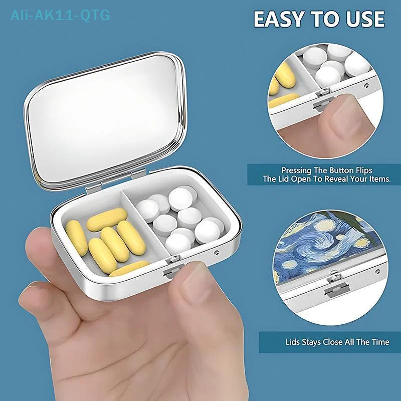 Sardines Print Metal Pill Box – 2-Compartment Travel Organizer