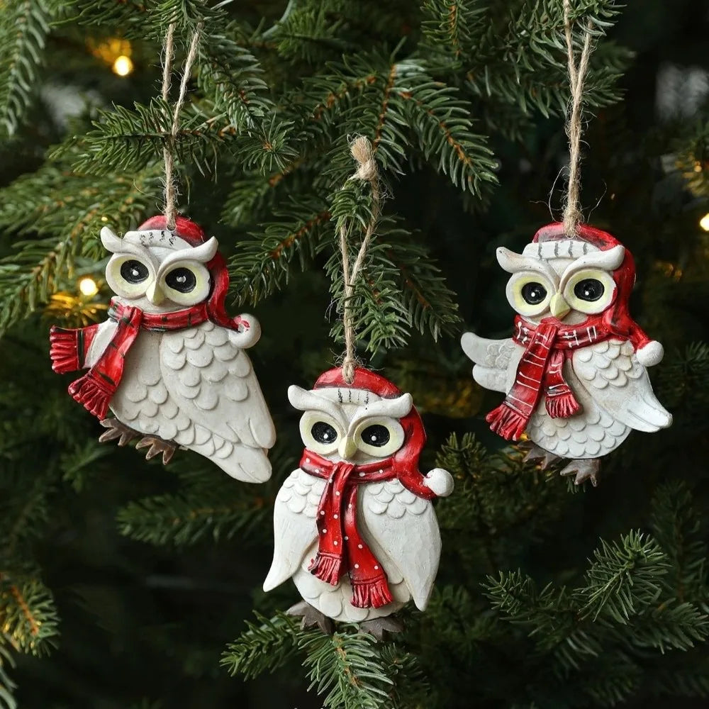 Resin Owl Christmas Ornament with Jute Rope – Vintage Style
