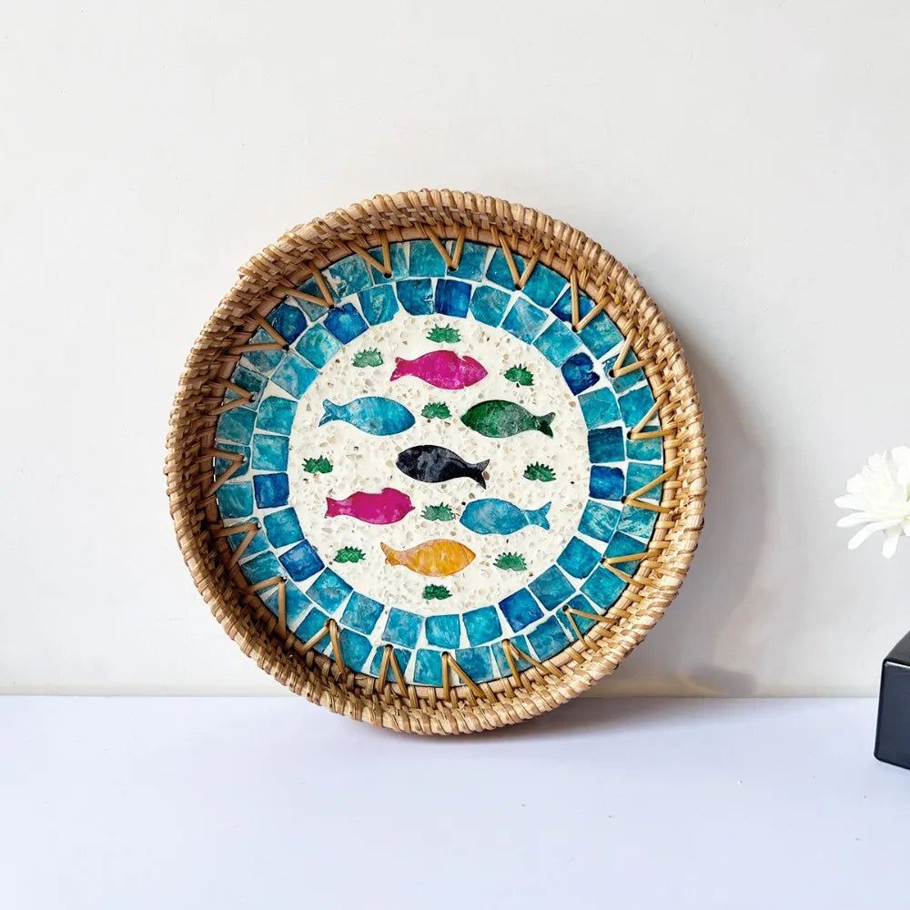 Shell Mosaic Round Woven Rattan Tray | Boho Home Decor