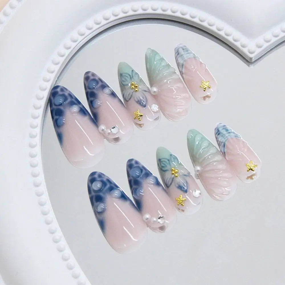 24-Piece Almond Press On Nails – Misty Blue Floral French Style