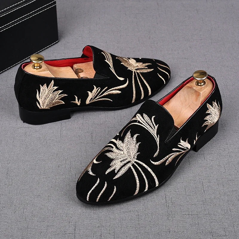 Men's Embroidered Faux Suede Loafers | Slip-On Dress Shoes 38–48