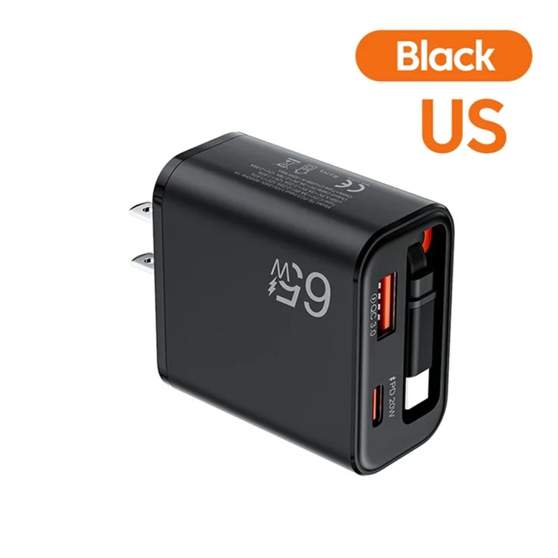 65W USB-C Wall Charger QC 3.0 PD + Retractable Cable