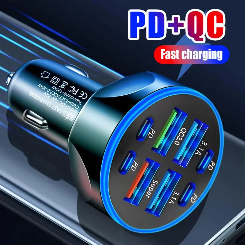 8-in-1 66W Car Charger 4USB+4PD Fast Charging Digital Display