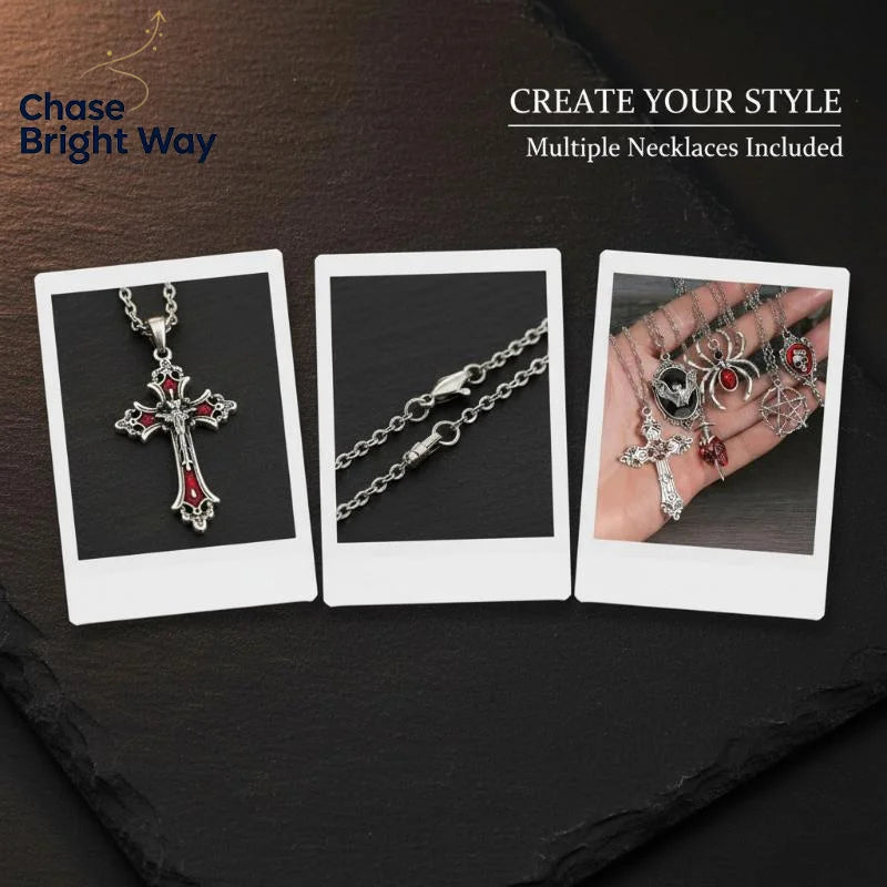 Gothic Pendant Necklace Set – 5 Pcs Heart, Bat & Cross
