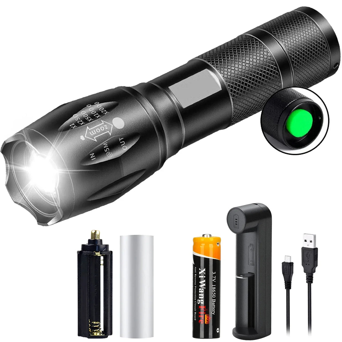 T6 LED Flashlight 1000 Lumen Zoomable 5-Mode Waterproof Torch