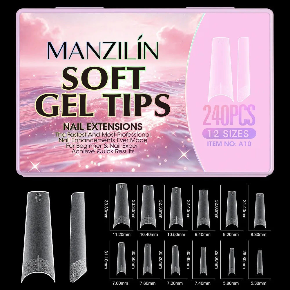 240Pcs Short Almond Soft Gel Nail Tips – 12 Sizes Full Cover