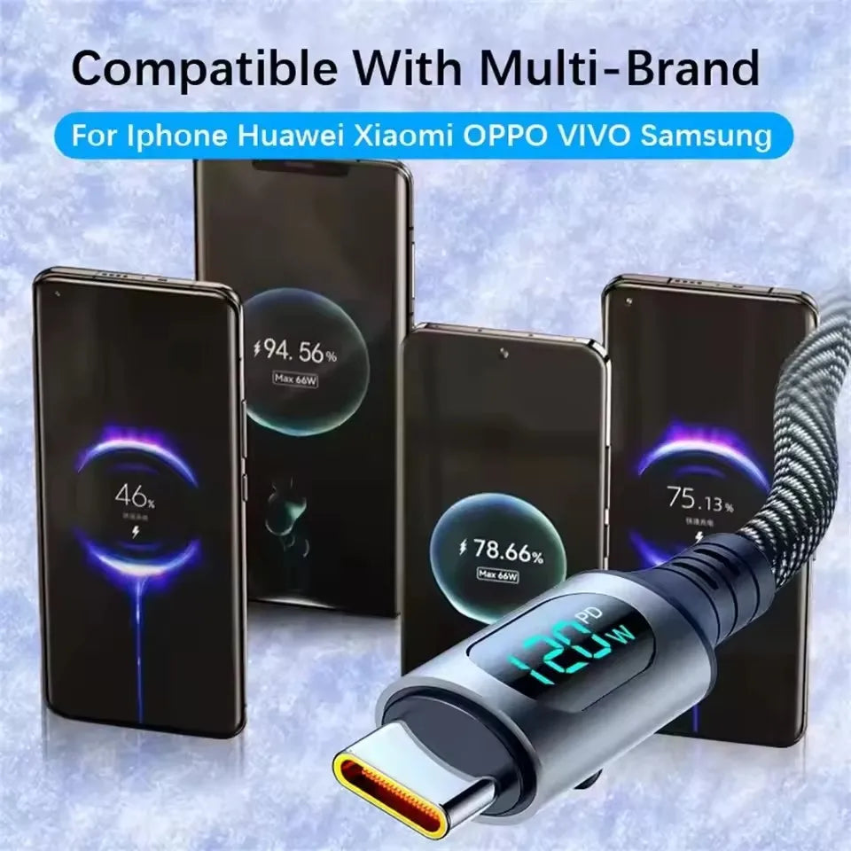 120W USB-A to USB-C Fast Charging Cable – Digital Display