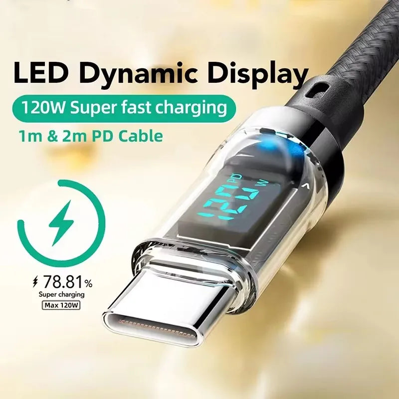 USB-A to USB-C 6A 120W Fast Charge Cable with LED Display