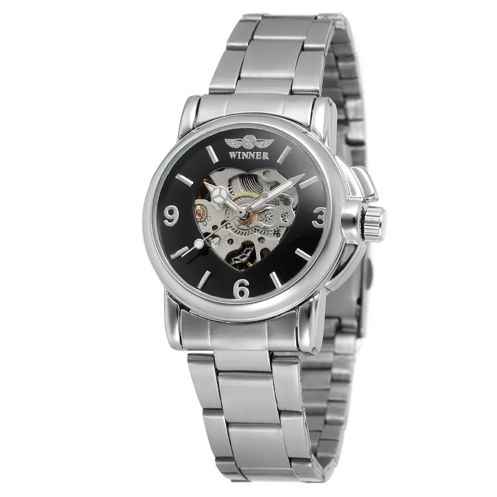 Women's Heart-Shaped Automatic Watch – Gold Hollow Dial