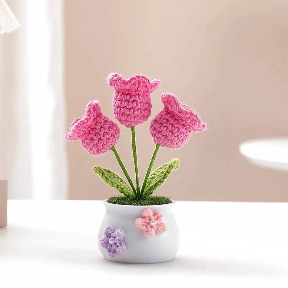 Mini Handmade Crochet Flower Pot – Sunflower & Tulip Décor