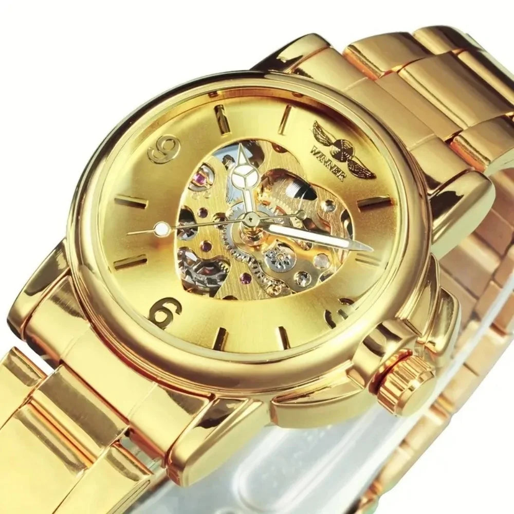 Women's Heart-Shaped Automatic Watch – Gold Hollow Dial