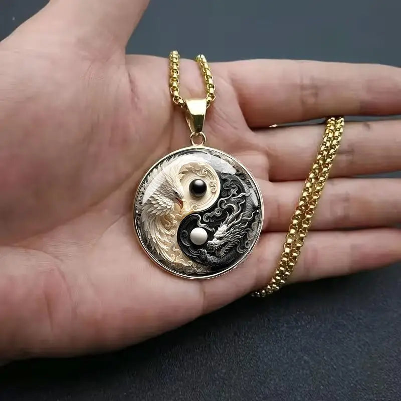 Yin Yang Dragon & Phoenix Pendant Necklace | Stainless Steel