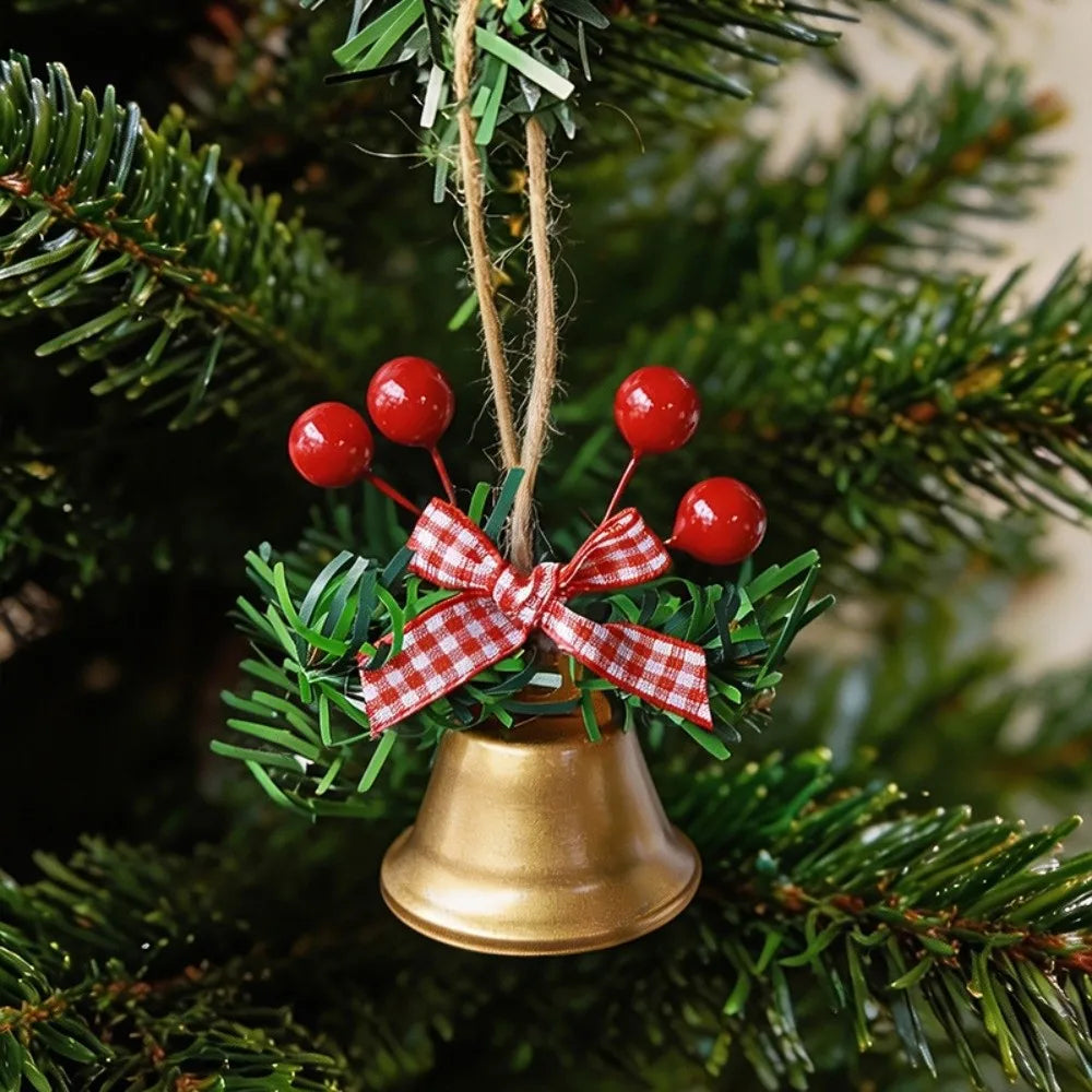 Metal Christmas Bell Ornament – Red Berries & Plaid Bow