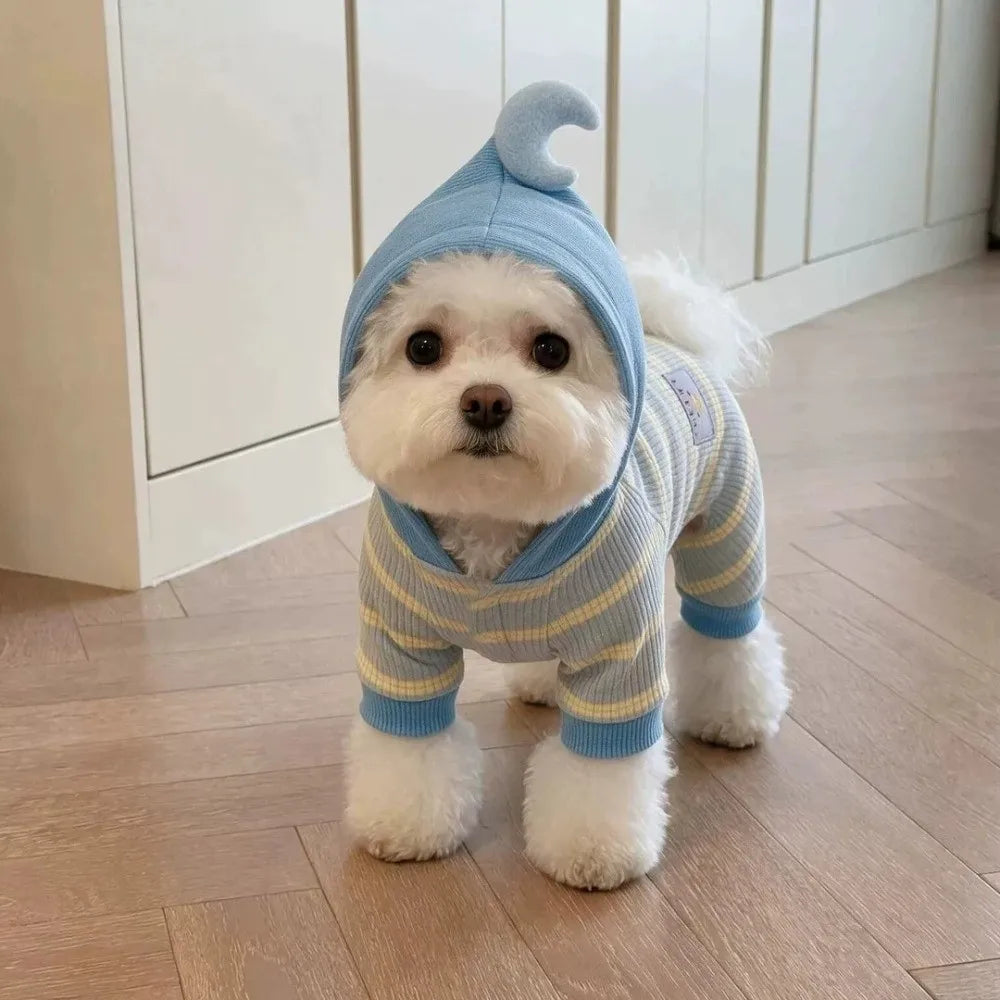 Striped Dog Winter Jumpsuit – Hooded & Built-In Harness D-Ring