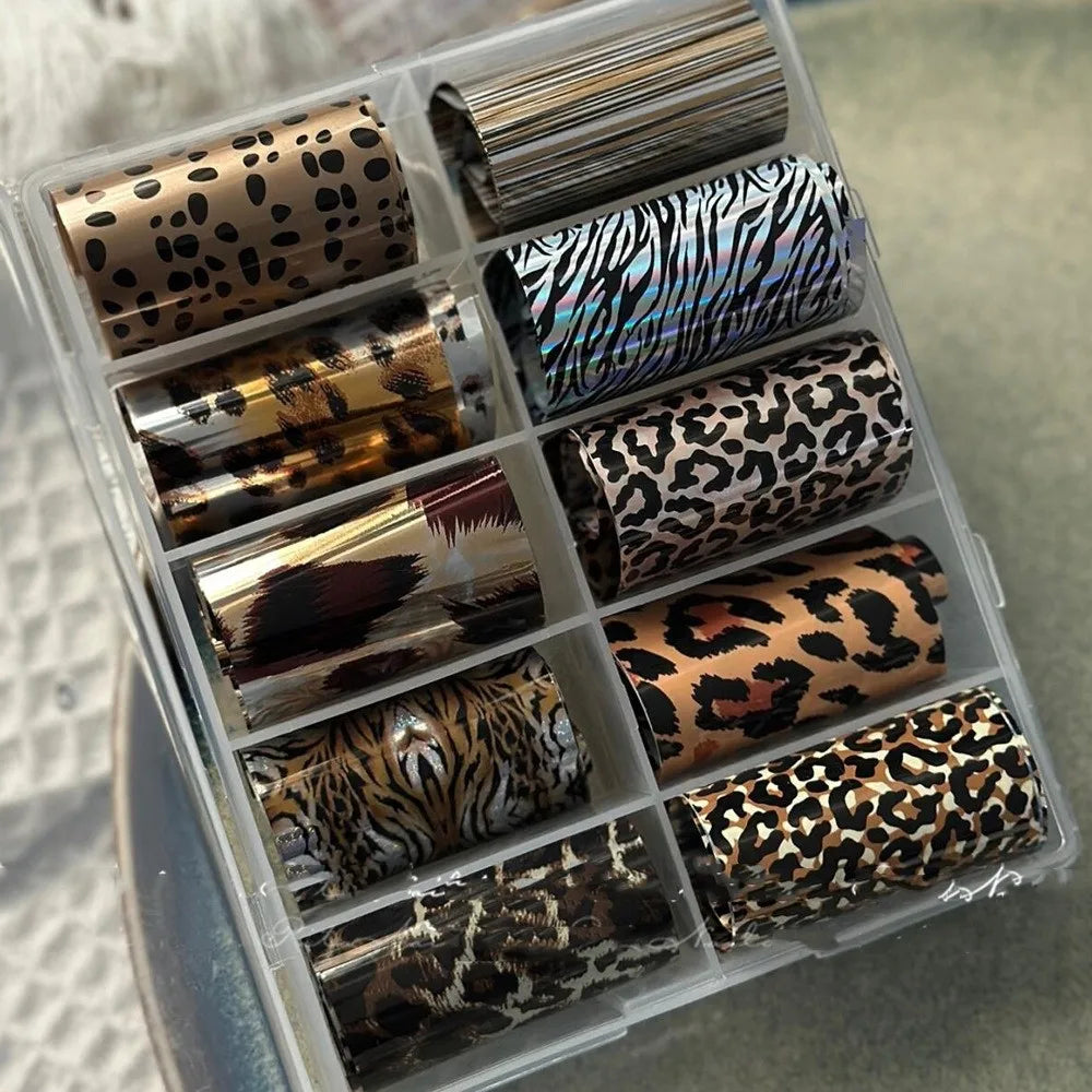 Nail Art Foil Stickers – Lace, Leopard & Stripe Transfers 10pc