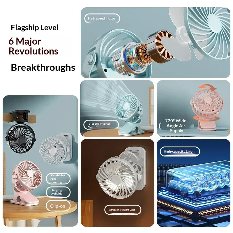 Rechargeable Clip Fan – 720° Rotatable USB Portable Desk Fan