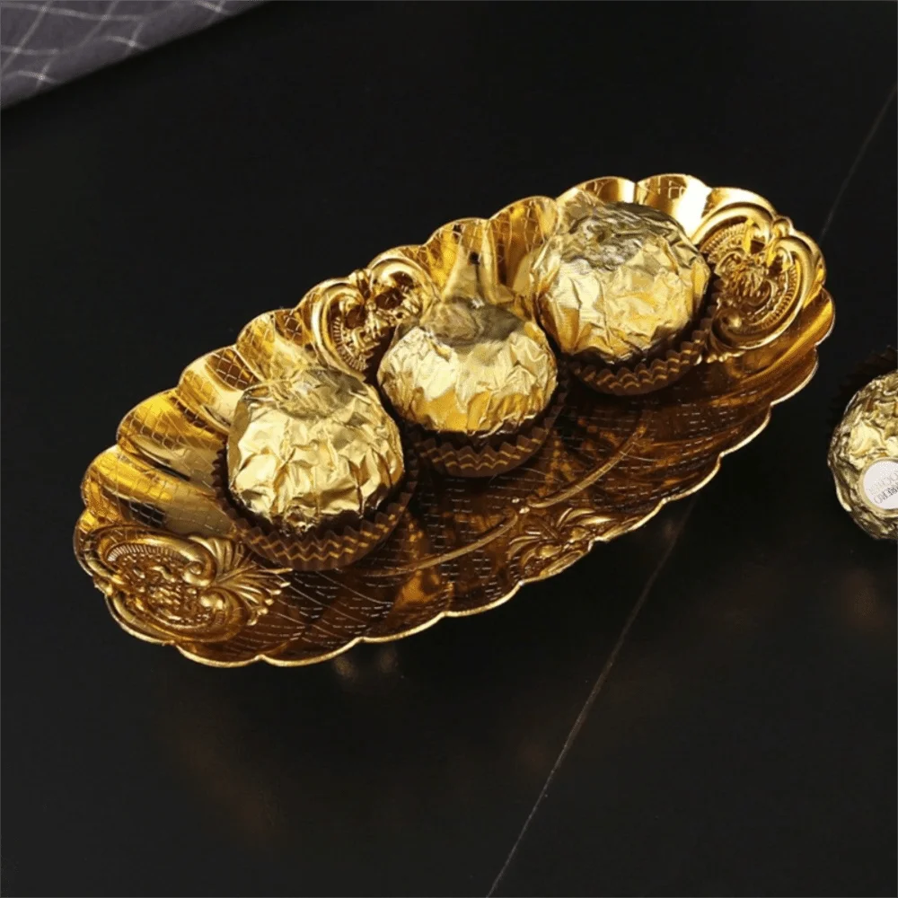 Gold Metal Oval Serving Tray – Rustproof Stackable Platter