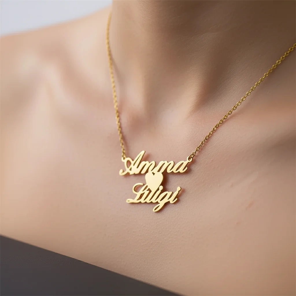 Custom Double Name Pendant Necklace – 18K Gold Plated Steel